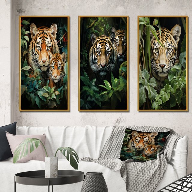Designart "Tigers In Asian Painting IX" Asian Framed Wall Art Set Of 3 - Green Asian Art Frame Gallery Set For Office Decor
