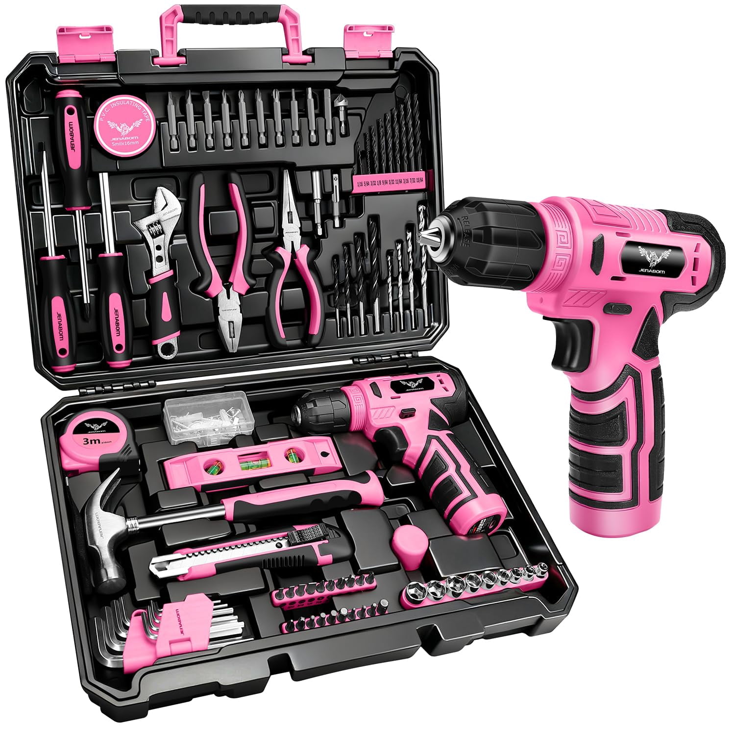 JENABOM Tool Set：Pink Tool Kit with 8V Cordless Drill, Tool Box with Drill, Hand Drill Set for Men & Women, Home Tool Kits for House Repair, H