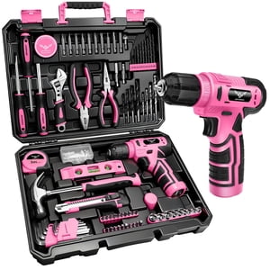 JENABOM Ensemble d'outils et n° 65306;Pink Tool Kit avec 8V Perceuse sans fil, Boîte à outils avec perceuse, Ensemble de perceuses manuelles pour hommes & Femmes, Kits d'outils à la maison pour la réparation de maison, H
