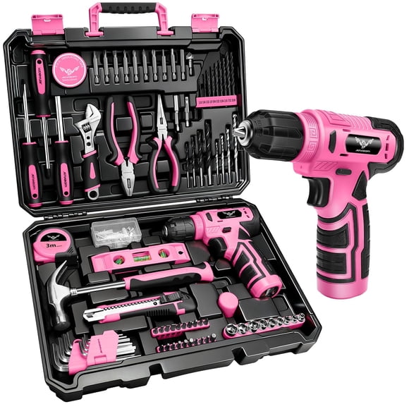 JENABOM Tool Set:Pink Tool Kit with 8V Cordless Drill, Tool Box with Drill, Hand Drill Set for Men & Women, Home Tool Kits for House Repair, H
