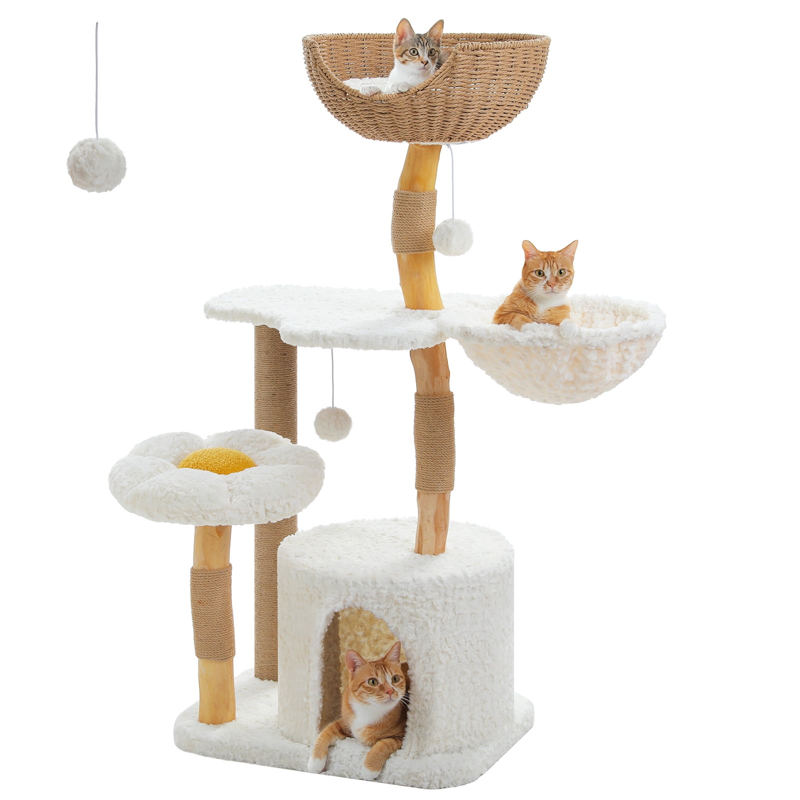 PAWZ Road 40" Modern Cat Tree Wood Solid with Big Hammock Cat Scratching Post for Indoor Cats White