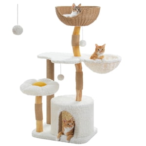 PAWZ Road 40" Moderne bois d'arbre de chat solide avec gros hammam chat poste de scratching pour les chats intérieurs blanc