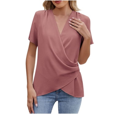 breaise Women Summer Drape Wrap Front Shirt Short Sleeve V Neck Solid Tops Business Work Blouse Tops S-2XL Sans frais de transport