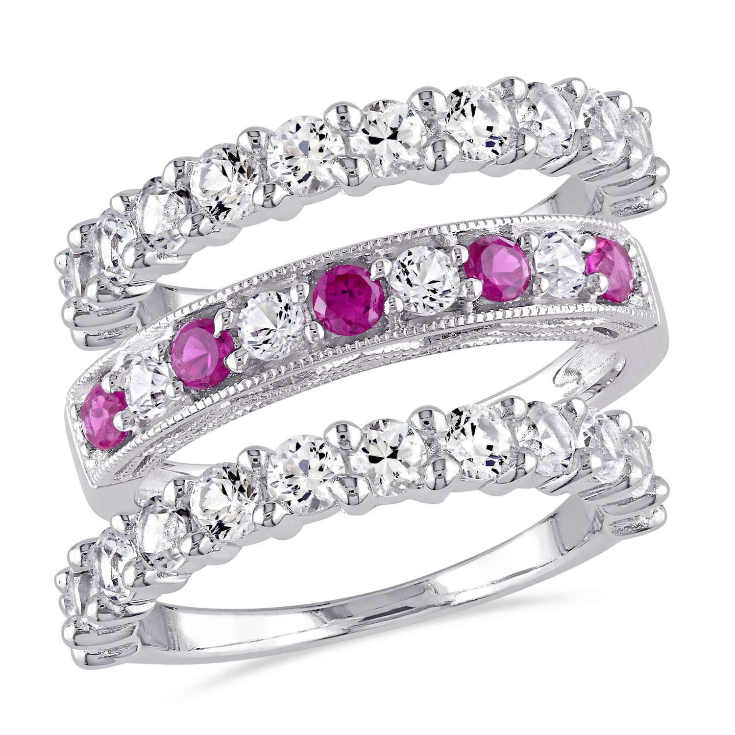 Ensemble de bagues d'anniversaire semi-éternité Tangelo avec rubis synthétiques et saphirs blancs synthétiques 3 CT PBT en argent sterling
