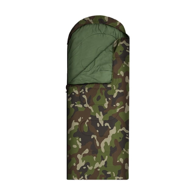 Grand Sac de Couchage pour Temps Froid avec design Enveloppe à Capuche, Présentant un Extérieur camouflage et un Intérieur Vert. Fait de polyester 170T durable et Rempli de Coton Creux Léger à Haute Densité pour la Chaleur et le Confort. Mesure Environ 210x75cm (82.68x29.53 Pouces), Convient aux Adultes. Idéal pour le camping, la Randonnée et Autres Activités de Plein Air, et Peut Aussi Être Utilisé comme Tapis de Couchage Ou Courtepointe de camping. Compact et portable pour un Rangement et un transport Faciles.