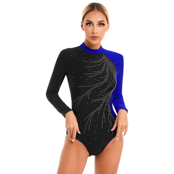 Kaerm Womens Slim Fit Shiny Metallic Gymnastics Dance Leotard Long Sleeve Mock Neck Patchwork Sports Jumpsuit Royal Blue L