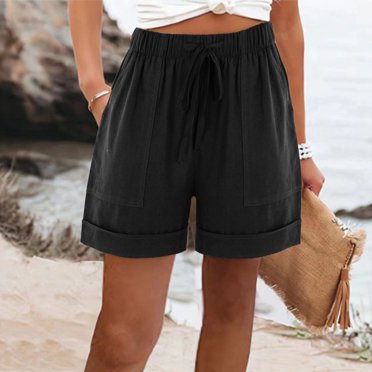AXXD Women's Loose Black Summer Shorts with Pockets, Wide Leg Drawstring Elastic Waist, Black, 1