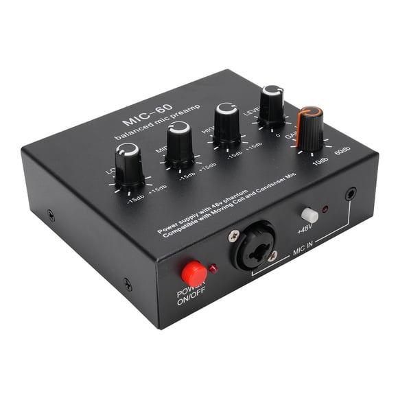 Balanced Mic Preamp, 60db Gain 3 Channel Input Microphone Preamp for 5V, 48V Condenser, Dynamic Mic