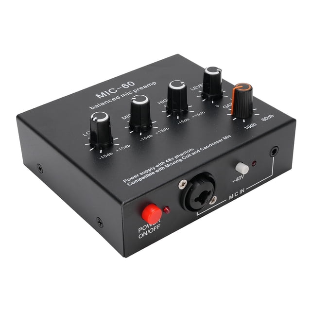 Balanced Mic Preamp, 60db Gain 3 Channel Input Microphone Preamp for 5V, 48V Condenser, Dynamic Mic
