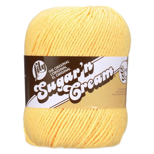 Lily Sugar'n Cream® Super Size Yarn in soft yellow, 100% USA-grown cotton, worsted weight #4 medium, 4oz/113g, 200 yards, with a brown and white label. Ideal for knitting and crochet home decor and kitchen items, also suitable for crafting toys.
