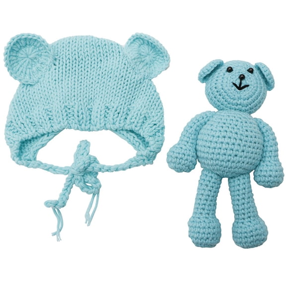 Ecyc Bonnet Ours Nouveau-Né avec Poupées Ours Accessoires de Photographie Bleu