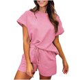 thumbnail image 1 of Mikilon Ensemble de Sport Confortable pour Femmes Couleur Unie Nouvelle Mode Décontractée Haut à Manches Longues et Shorts Ensemble de Haut/chemise à Col Rond Rose S, 1 of 5