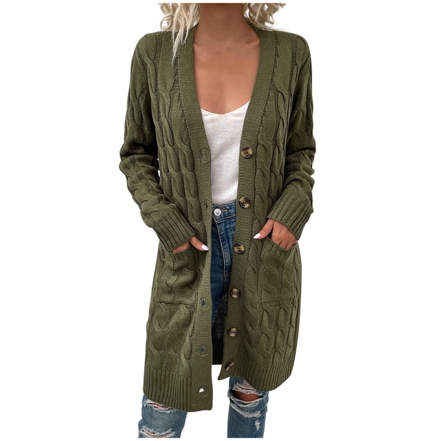 FAIWAD Cardigan Long en Tricot Torsadé pour Femmes à Manches Longues, Ouvert à l'Avant, Chandails à Boutons, Manteau avec Poches