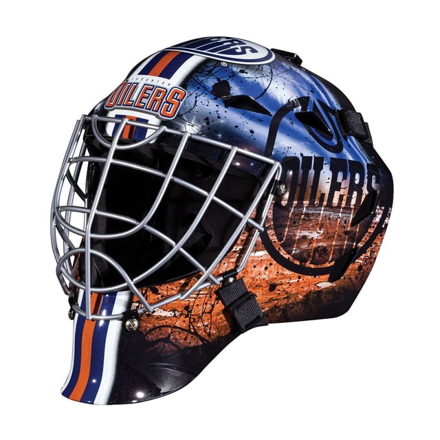 Franklin Sports NHL Edmonton Oilers Goalie Face Mask with vented ACD shell, molded high-impact ABS plastic, chrome finish welded steel cage, adjustable quick-snap straps, and full-coverage adjustable back plate, featuring Edmonton Oilers logos and team colors in blue, orange, and white, designed for street hockey goalie use with official size ball.
