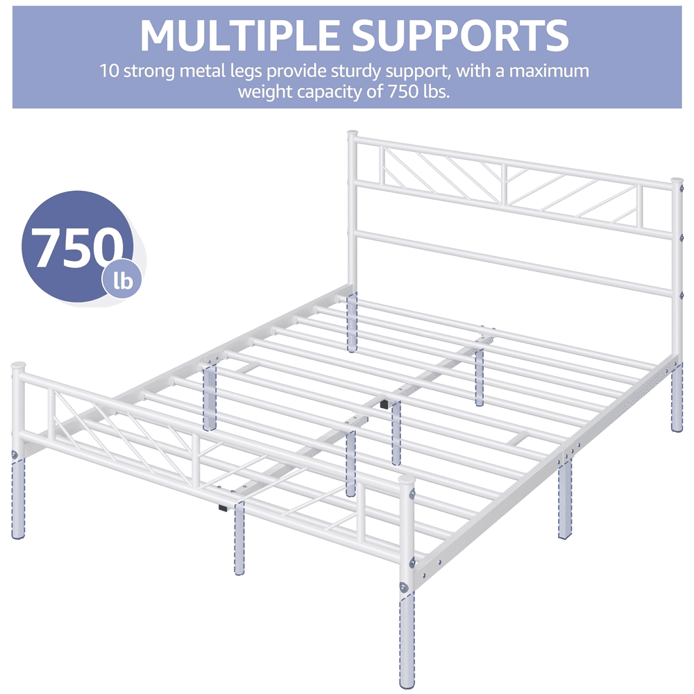 FullFurnique Minimalist Metal Platform Bed with Arrow Design Headboard for Adults, Full, White