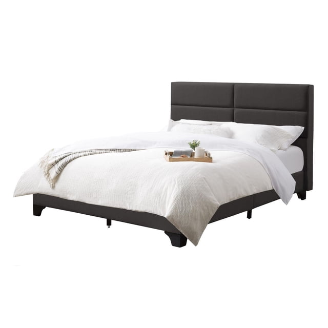CorLiving Bellevue Adult Full Sized Upholstered Bedframe with Rectangle Tufted Headboard and Slats, No Box Spring Required, featuring a wide padded rectangular headboard upholstered in dark fabric, black solid wood legs, 14 durable wooden slats with two adjustable center support legs, shown with white bedding and a wooden tray, suitable for adult bedrooms.