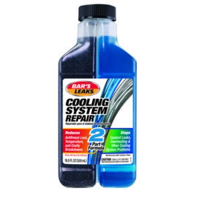 Bar's Leaks Radiator Sealer 1150 Coolant Additive in a 16.9-ounce multicolour bottle. The product is designed to stop coolant leaks, reduce antifreeze loss, lower water temperature, and prevent overheating. The bottle features a dual-chamber design with visible blue and black liquids, labeled as a 2-part formula for cooling system repair. Suitable for use with any antifreeze color and reinforced with carbon fiber.