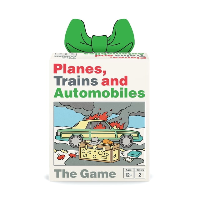 Funko Jeux Avions, TRAINS et AUTOMOBILES – la Boîte GAME board GAME avec l'Art de Dessin Animé d'Une Voiture Verte et Jaune en Feu avec de la Fumée, une Valise de Voyage Recouverte d'Autocollants, un Chapeau et des Objets Éparpillés, Conçue pour 2 Joueurs de 12 Ans et Plus.