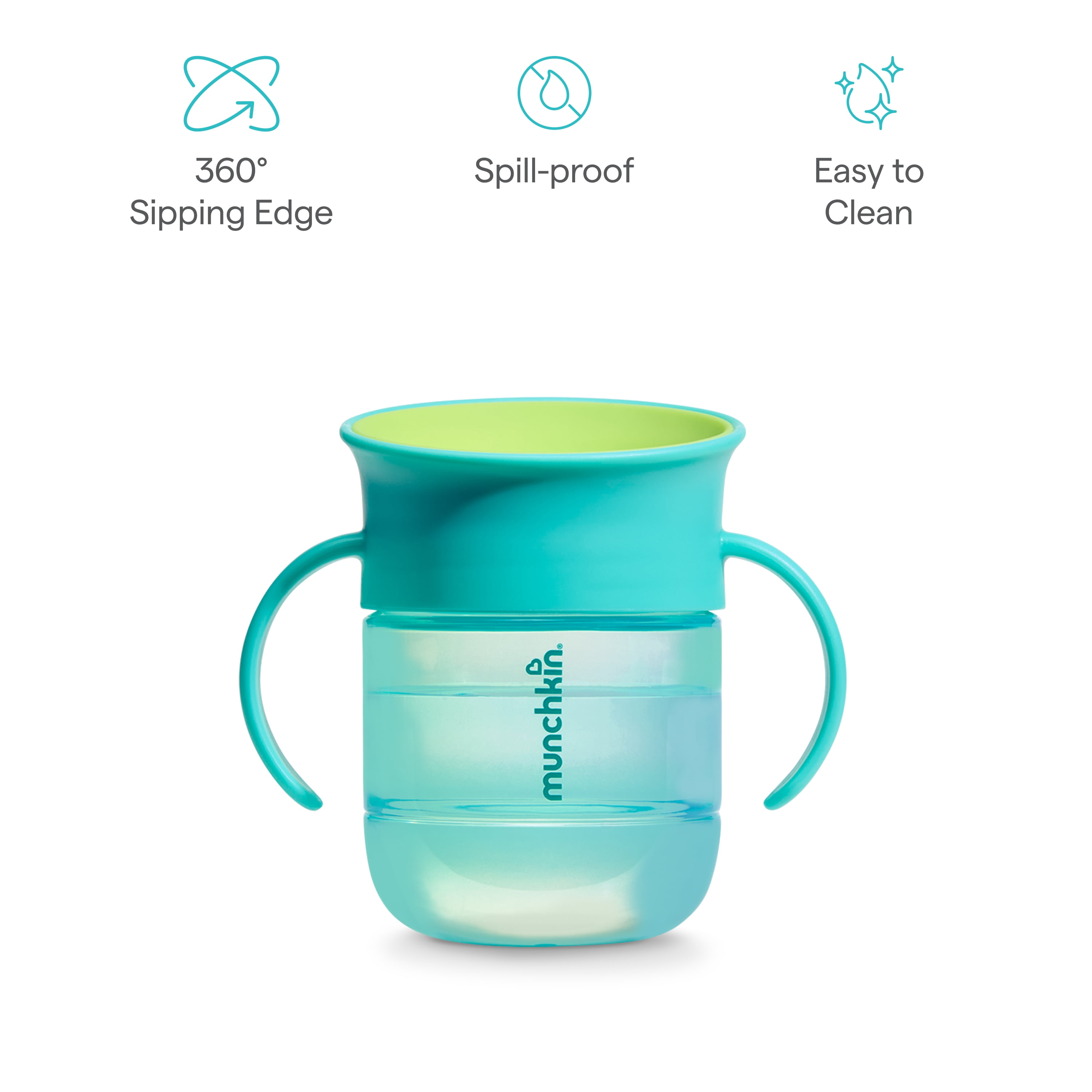 Munchkin Miracle 360 Toddler Sippy Cup with Slow-Flow Spill-Proof Valve and Trainer Handles, 6+ Months, 7 oz. Teal