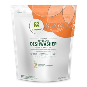 Grab Green Podes de lavage automatique de vaisselle, 60 Comte, Lemongrass de Tangerine parfumé, à base végétale et minérale, Nettoyage supérieur, Élimination puissante de la graisse, Brillant brillant