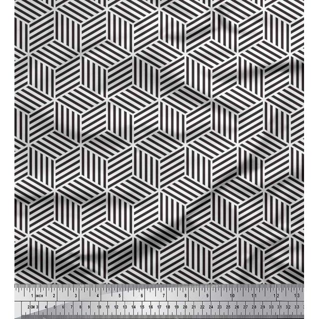 Soimoi Tissu Popeline de Coton Blanc Imprimé Géométrique Labyrinthe au Mètre 42 Pouces de Large