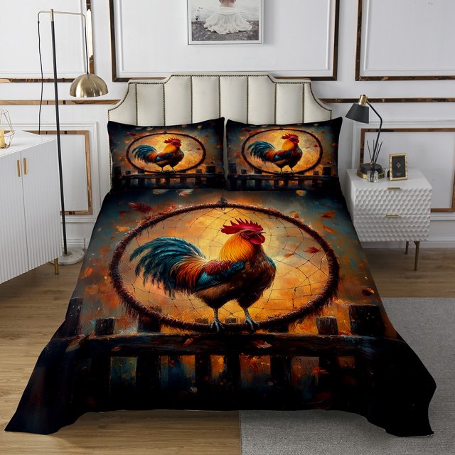 Rooster Quilt Set Dreamcatcher Bedspread Set Queen,Boho Feather Coverlet Set Farm Animals Quilted,Exotic Bohemian Decor
