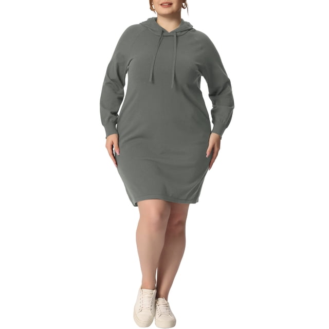 GRACE & GRANDEUR Chandail en Tricot Côtelé à Enfiler pour Femme Grande Taille, Manches Longues, Robe Moulante à Capuche, Gris 2X