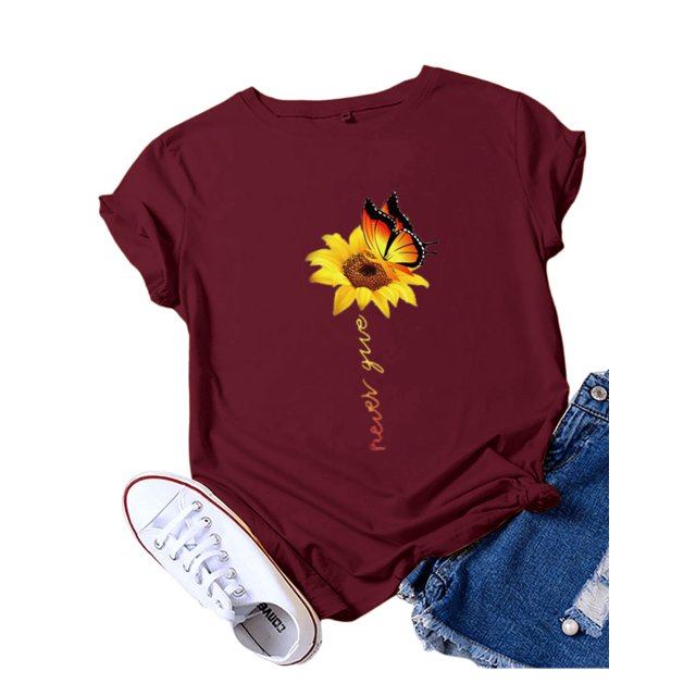 Innerwin Tee Butterfly Letter Printed Ladies T Shirt Holiday Short Sleeve Basic Tops Wine Red XXL