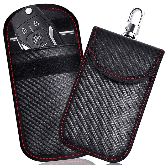Faraday Bag for Key Fob, 2 Pack WP4694 RFID Key Fob Protector RF Car Signal Blocking pouch with black carbon fiber texture and red stitching. Designed with two pockets: an inner silver-lined pocket for signal blocking and an outer pocket for regular use. Features a metal ring for easy attachment, ideal as an anti-theft pouch and anti-hacking case.