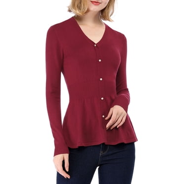 INSPIRE CHIC Haut à Basque en Tricot Côtelé à Col en V à Manches Longues pour Femme