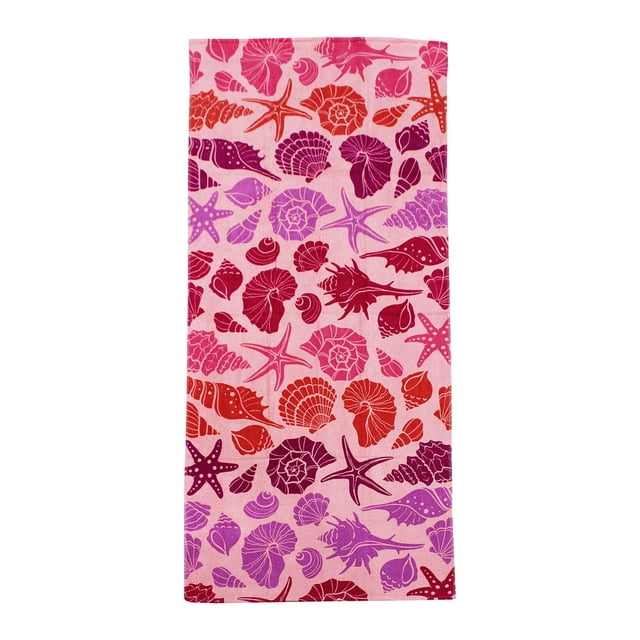 Mainstays Printed Beach Towel measuring 28 by 60 inches, made of 100% cotton with one side velour and one side terry, printed with a colorful pattern of red, purple, and pink seashells and starfish on a light pink background, featuring a hanging loop, ideal for drying off or relaxing on the sand.