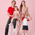 thumbnail image 1 of PatPat Ensembles Assortis pour la Famille, T-Shirt Uni à Manches Raglan et Robe Moulante à Cordon avec Imprimé Lèvres Rouges en Maille à Bretelles, 1 of 6