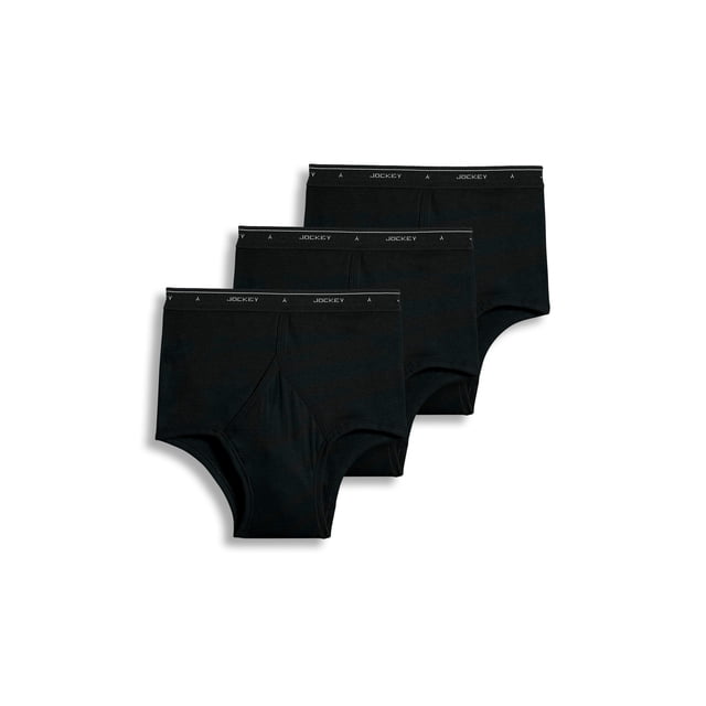 Jockey Men's Classic Full Rise Brief - 3 Pack of men's underwear in black, offering full-rise design and full coverage. Made from breathable 100% cotton fabric with Staycool+ technology for sweat-wicking and StayNew technology to reduce pilling and fading. Features Y-Front fly design for secure, supportive fit.