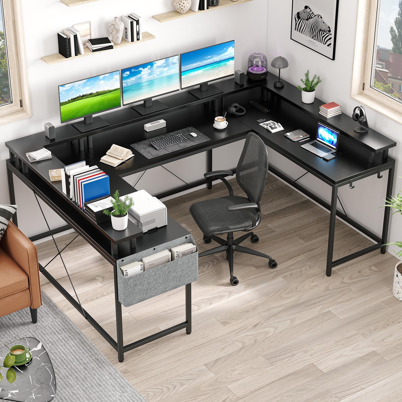 U Shaped Desk, 126 Inch Gaming Desk with Monitor Stand and LED Lights, Reversible Shaped Large Computer Desk with Power Outlets, Large Corner Office Desk with Storage Bag and Hooks