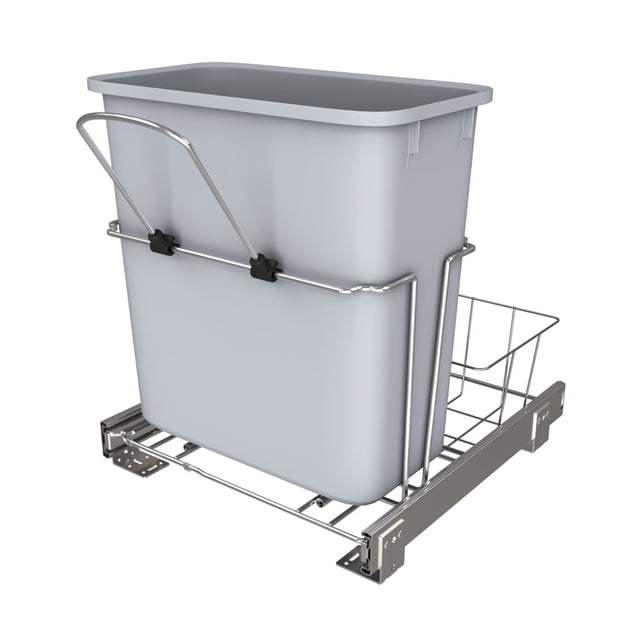 Rev-A-Shelf 20 qt. Contenant Universel pour Déchets avec Panier Arrière, Comprenant un Bac en Plastique Gris Fixé dans un Cadre en Fil Métallique Plaqué de Calibre Lourd avec une Poignée à Pression. Comprend un Panier Arrière Amovible et un Système Coulissant à Roulement à Billes à Extension Complète pour une Fonctionnalité de Retrait Facile. Conçu pour une installation sous l'Évier dans les Armoires avec une Ouverture Minimale de 14,5 Pouces de Large, 16 Pouces de Profondeur et 17 Pouces de Hauteur. Idéal pour les Cuisines, les Meuble-Lavabos et les Bu