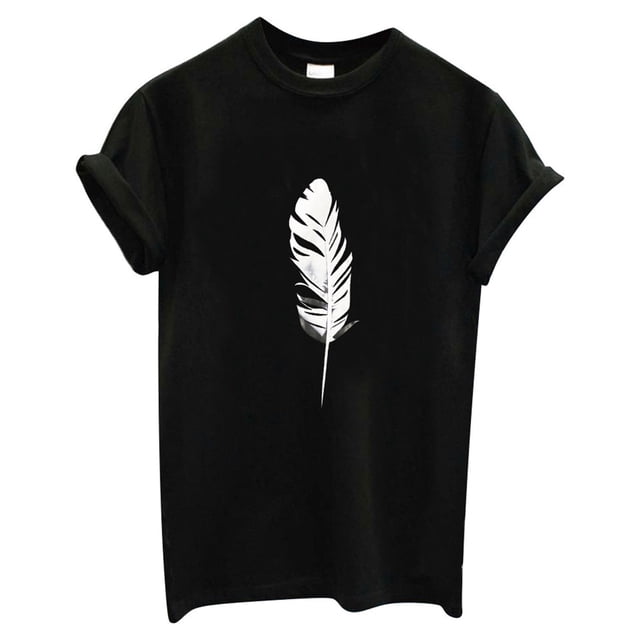 T-Shirt pour Femmes Mode Femmes T-Shirt à Manches Courtes Imprimé Plume Haut Décontracté Tee Blouse