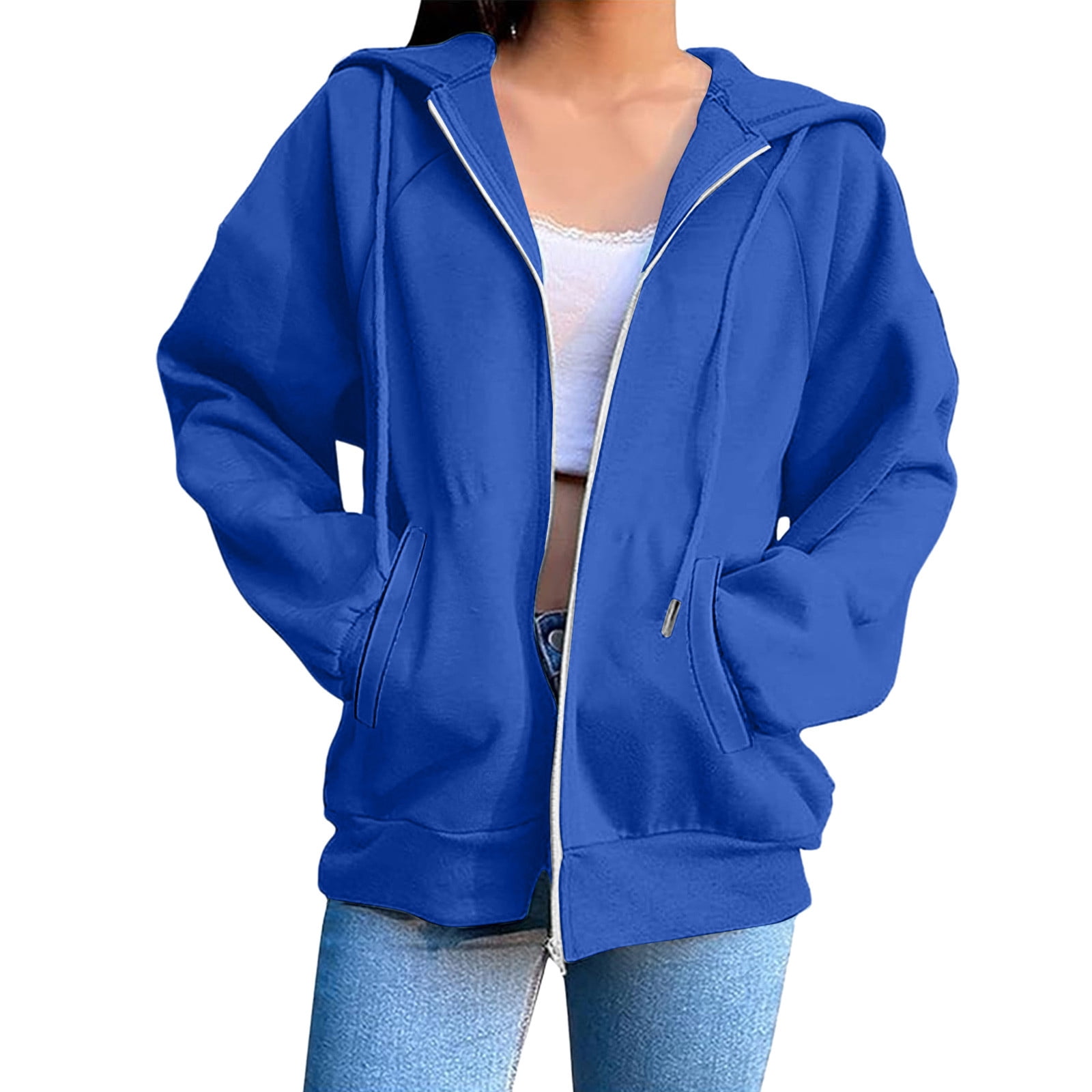 Mgmyaa Chandail en Molleton pour Femmes Mode Couleur Unie à Capuche avec Poche Manches Raglan Veste à Fermeture Éclair