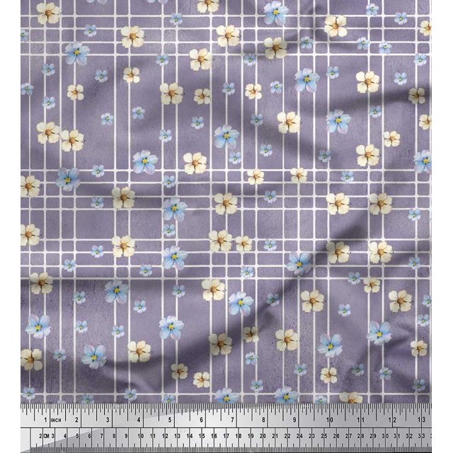 Soimoi Purple Cotton Cambric Fabric Check & Floral Decor Fabric Printed BTY 56 Inch Wide