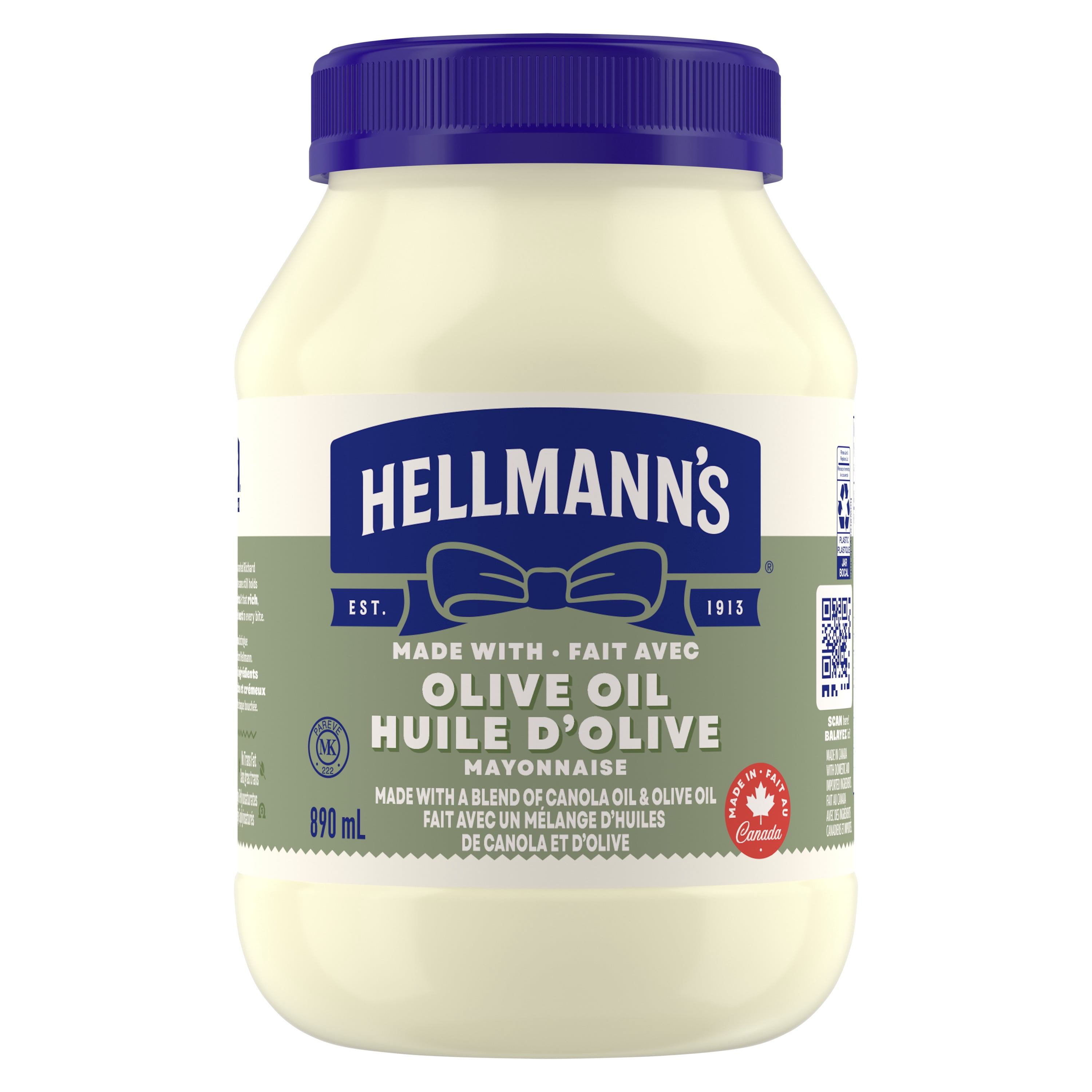 Mayonnaise à l’huile d’olive Hellmann’s avec œufs de poules élevées en liberté au Canada et huile de canola, pot de 890 mL