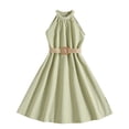 thumbnail image 1 of biudgviw Robe d'Été pour Filles Sans Manches à Col Licou, Épaules Dénudées, Ceinturée, Robe Trapèze Midi Décontractée, Robe Soleil 6-13 Ans, 1 of 3