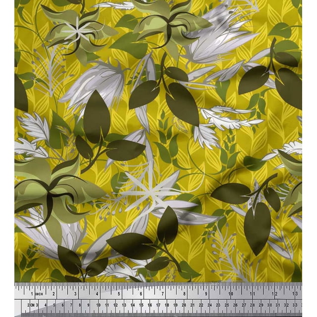 Soimoi Yellow Cotton Duck Fabric Artistic Leaves Decor Fabric Printed Yard 42 Inch Wide