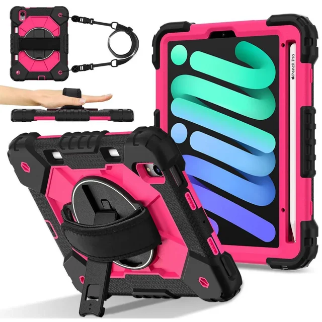 Case for iPad Mini 7 A17 Pro 2024 / iPad Mini 6 2021 8.3 Inch with Rotating Stand Pencil Holder Hand/Shoulder Strap, Heavy Duty Shockproof Protective Cover for iPad Mini 7th/6th Generation 8.3"