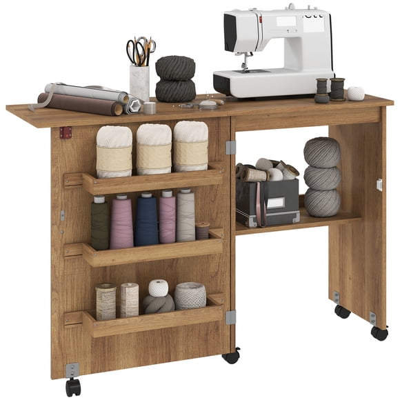 HOMCOM Folding Sewing Table Mobile Sewing Machine Cabinet with Shelf Brown