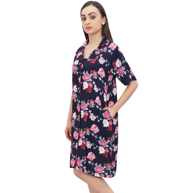 Bimba Chemise de Nuit à Manches Courtes Imprimé Floral Bleu Marine pour Femmes - 22