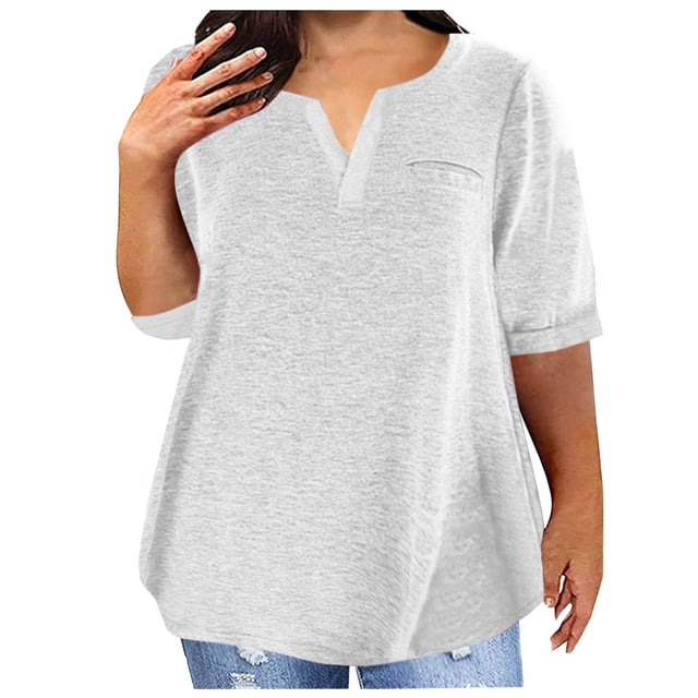 Plebaso Plus Size Tops for Women Short Sleeve V Neck Loose Blouses Casual Solid Color Womens Tunic Tops
