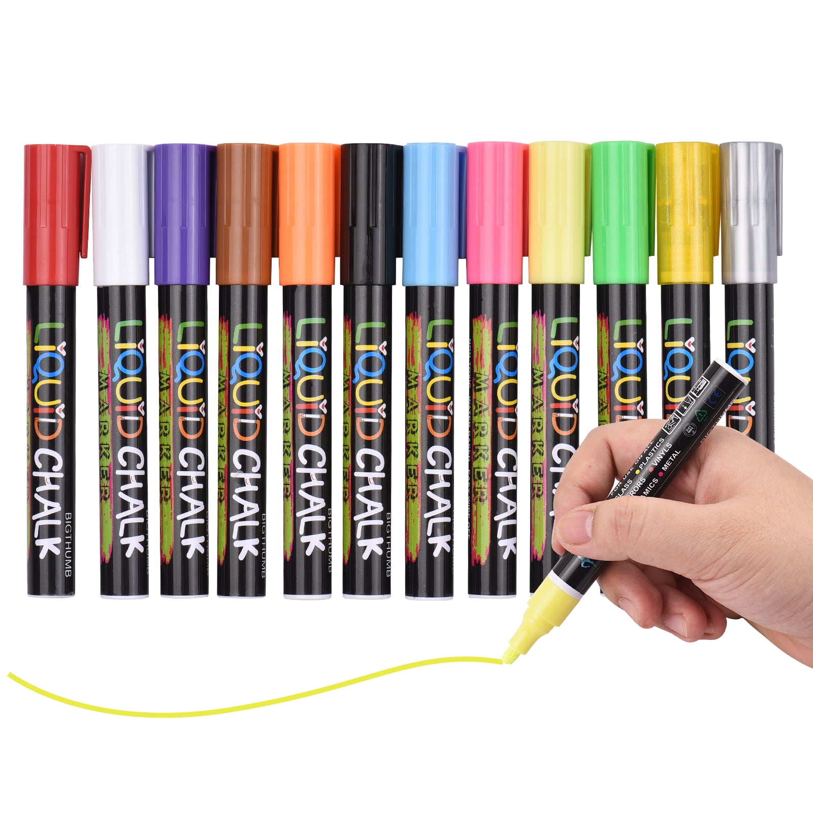 BIGTHUMB Liquid Chalk Markers 12 Vibrant Colors with 3mm Reversible Tip Erasable Water-based Chalkboards Marker