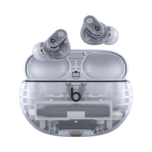 Beats Studio Buds+ Plus True Wireless Noise Cancelling Earbuds displayed in a transparent charging case with two earbuds positioned above. The earbuds feature a compact, ergonomic design with the Beats logo on each. The case is pocket-sized with a USB-C connector and provides up to 36 hours of battery life. These earbuds include Active Noise Cancelling, Transparency mode, and are sweat- and water-resistant (IPX4-rated).