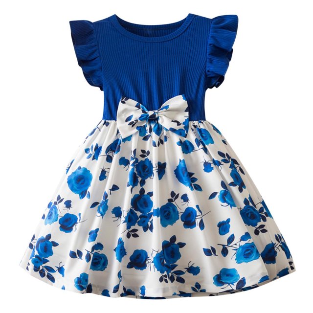 Liquidation d'Économies d'Été! WRKEKC Robe Fleurie pour Fille, Robe d'Été Décontractée pour Fille, Robe d'Été à Manches Courtes pour Fille avec Volants, Col Rond, Dentelle Brodée, Jupe Princesse à Nœud 4 Ans