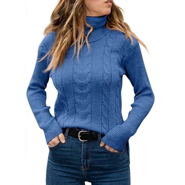 Mrat Chandails en Grosse Maille pour Femmes Femmes Chandail Décontracté Mode à Enfiler Manches Longues Col Rond Chandail en Grosse Maille pour Femmes P-110 Bleu TG