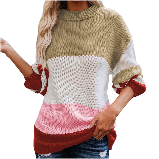 IROINID Chandail à Col Rond pour Femme, Chandail à Enfiler, Couleur Contrastante, Décontracté, Mi-Long, Manches Longues, Patchwork, Manteau en Tricot Épais
